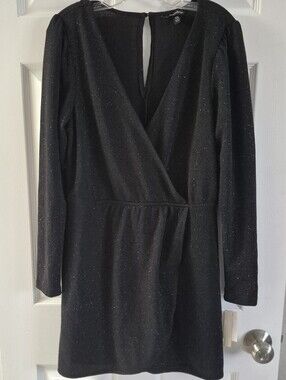 Long Sleeve Black Glitter Wrap Dress